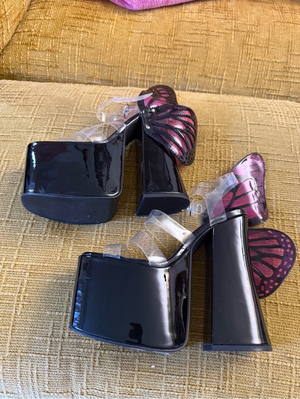 Dolls Kill Black Patent Platform Sandals with Pink Butterfly Wings - Picture 2 of 4